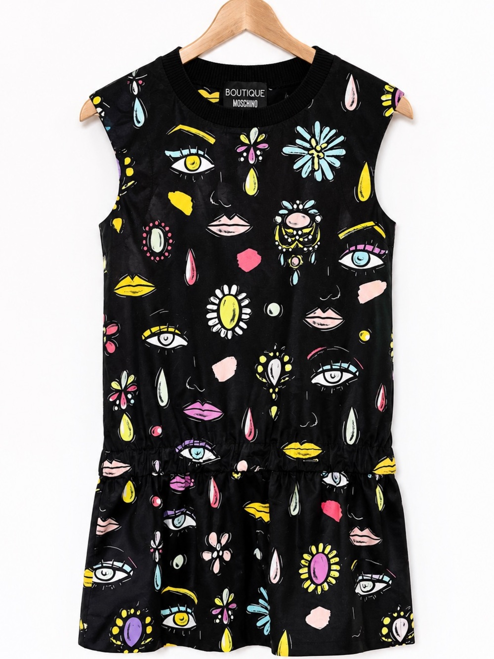 Boutique Moschino Black Multicolor Surreal Face Print Cotton Dress IT 38 US 4/6